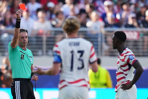 Folarin Balogun (right) gets his marching orders in the US’s clash with Bosnia and Herzegovina. He still played against Belgium in their next game.