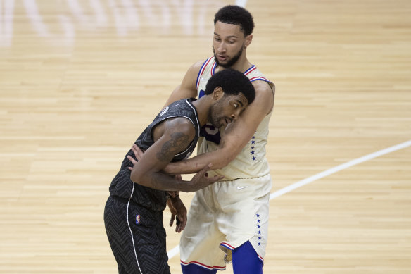 Ben Simmons with Kyrie Irving, with the pair now teammates at Brooklyn in the NBA.