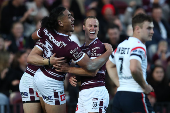 Daly Cherry-Evans celebrates one of his two tries at 4 Pines Park.