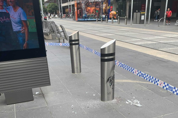 A bollard in Bourke Street Mall damaged in the incident.