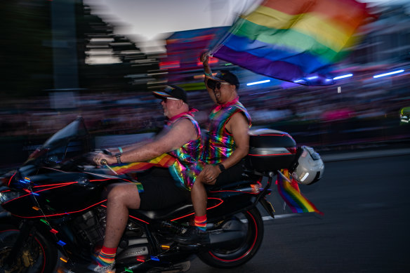 Boys on Bikes lead the parade earlier in the evening. 