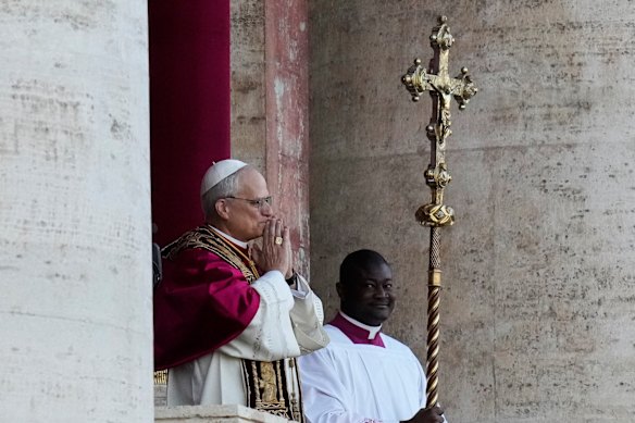 Pope Leo XIV appears on the balcony of St Peter’s Basilica after his election, at the Vatican.