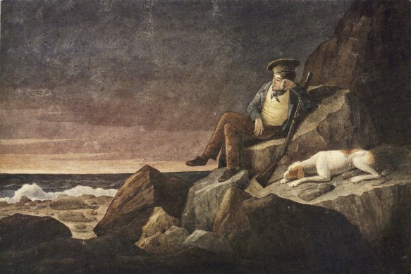 Augustus Earle's 1824 watercolour, Solitude. It depicts him during the time he was stranded on Tristan de Acunha.