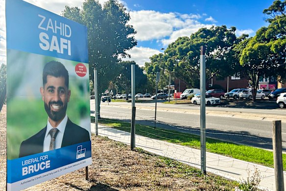 Liberal candidate Zahid Safi’s campaign poster on the main strip in Berwick.