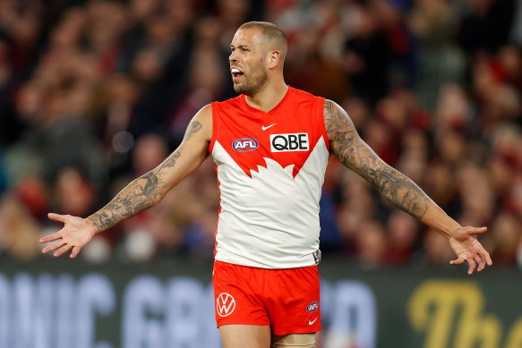 Buddy Franklin appealing for a free kick during the Swans semi-final win over the Melbourne Demons in 2022. The Swans won the match but not the free-kick count.