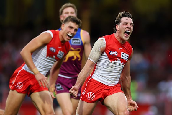 Errol Gulden celebrates his goal in the qualifying final against Brisbane.