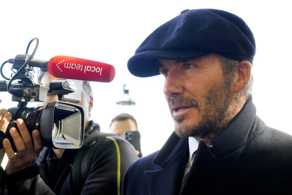 David Beckham speaks to the media after leaving Westminster Palace wher<em></em>e he paid respects to the late Queen Elizabeth II.