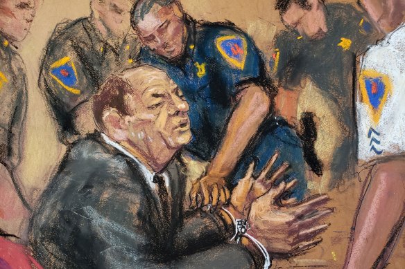 A court sketch of Weinstein being taken into custody after the guilty verdict in his trial last month.