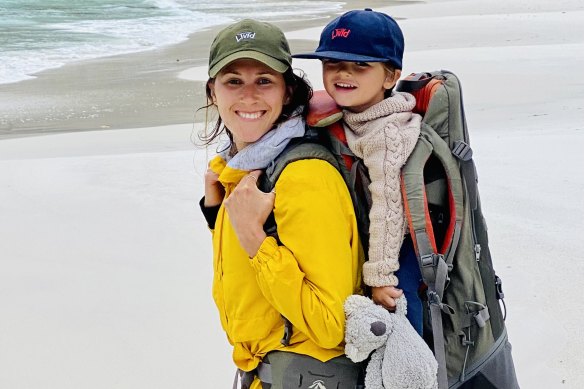 Kipp Freeman, 4, with his mother Sarah Brophy on a hike.
