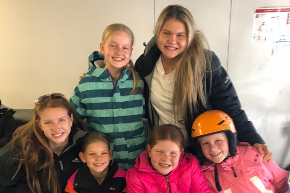 Six cousins from Mildura pictured in Falls Creek last year. Top row: Isabel Oldham (left) and Elizabeth Rowe. Front row from left: Abigail Rowe,  Olivia Oldham, Eloise Rowe and Maya Oldham. 