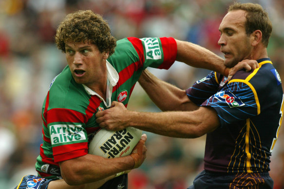 Gorden Tallis (right), pictured copping a ‘don’t argue’ from Souths’ Bryan Fletcher, was involved in the match-winning play in 2003.