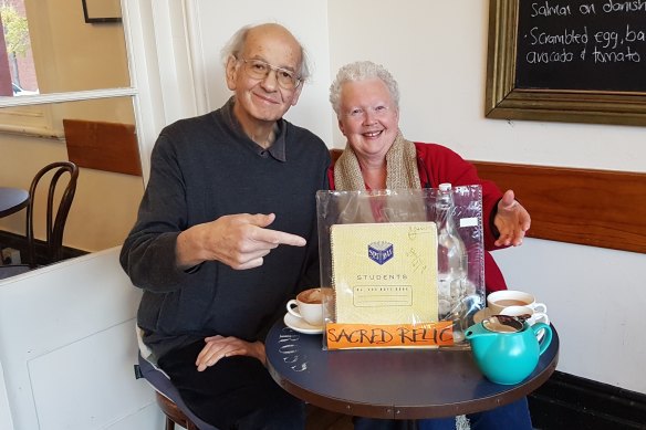 Stefan and Jenny Markovitch celebrating the 50th anniversary of their first vinyl imports from London. On display: their very first customer order book. 