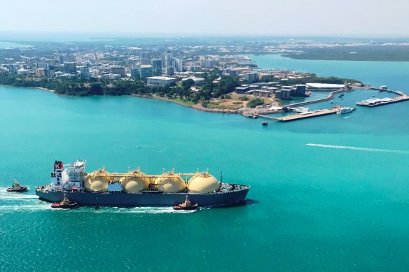 An LNG tanker enters Darwin harbour. 