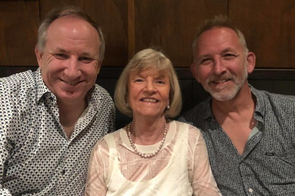 Mark Filgate (right) with his brother James Filgate and mother Sally-Ann Filgate at her 80th birthday, a few weeks before her death. 