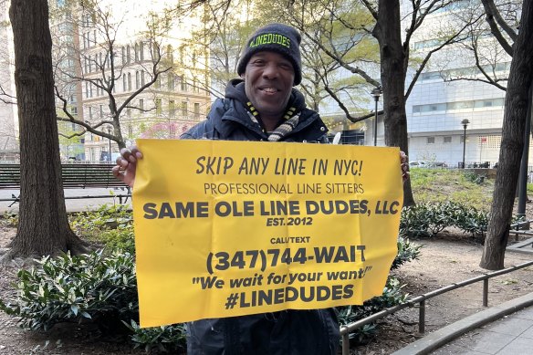 Robert Samuel who runs professional line business Same Ole Line Dudes, outside the Manhattan courtroom where Donald Trump’s hush money trial is being held.