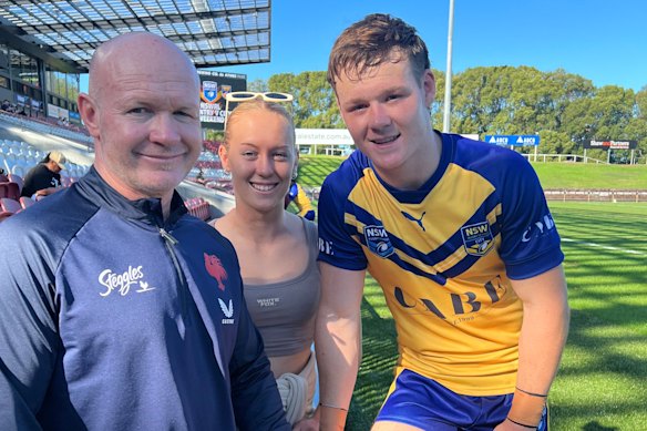 A young Ethan Strange with sister Jasmin, who players for the Roosters’ NRLW side, and dad John, who coaches the Roosters’ NRLW side.