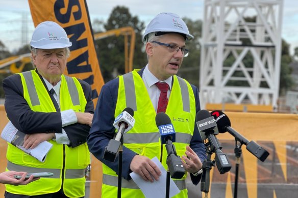 Housing Minister Danny Pearson (front), with Hawthorn Labor MP John Kennedy, at last week’s media conference in Hawthorn.