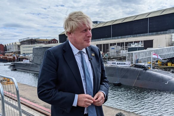 A real option for Australia: Boris Johnson, in one of his final duties as Britain’s prime minister, attends the commissioning of HMS Anson, Britain’s newest Astute-class, nuclear-powered submarine in Barrow.
