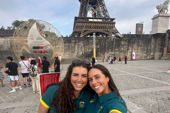 Jess and Noemie Fox in front of the Eiffel Tower after Noemie qualified for her first Olympic Games.