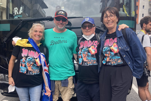 Jai Hindley’s his personal cheer squad at the Tour de France, including parents Gordon and Robyn.