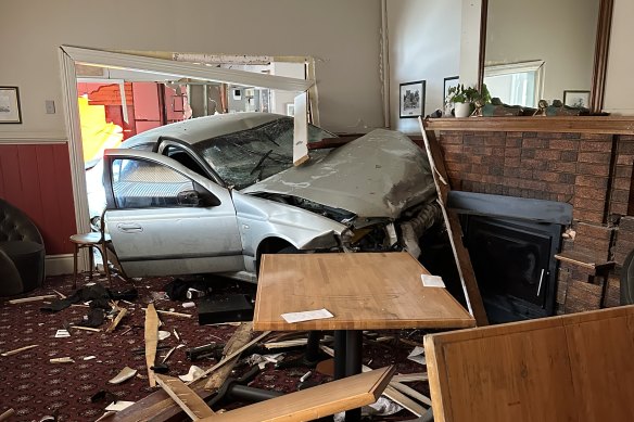 The car that smashed into the Border Inn in Apsley, four months after the pub was bought by new owners.