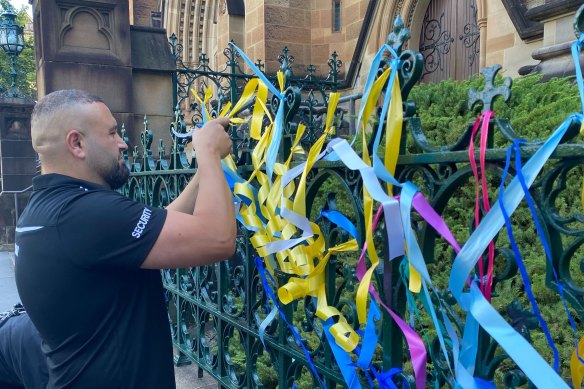 A security guard outside Sydney’s St Mary’s Cathedral on Wednesday.