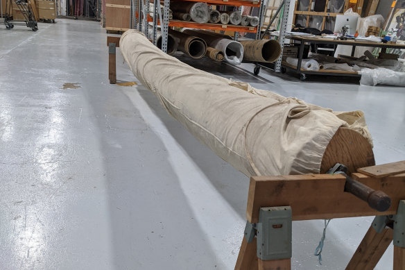 The rolled-up mural is stored in a conservator’s workshop at Cusworth Conservation in Lambertville, New Jersey.