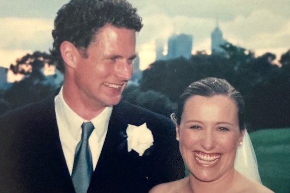 Kim Wilson and her husband, Damon Johnston, on their wedding day in 2000.
