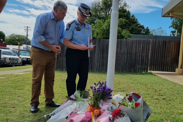 Queensland Police Minister Mark Ryan with Katarina Carroll at Chinchilla Police Station after the deaths of Rachel McCrow and Matthew Arnold.