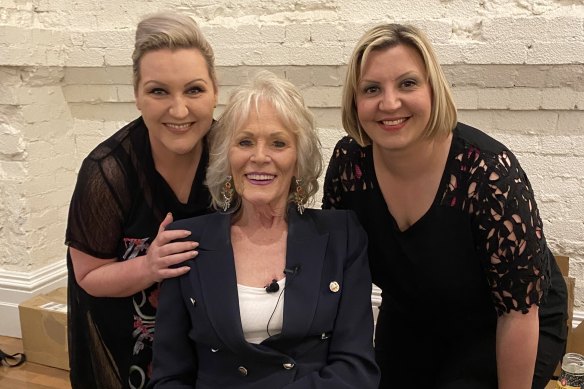 Meshel Laurie and her Australian True Crime podcast partner Emily Webb during a recording with Sandra Pankhurst in 2019.