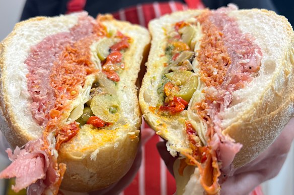 Rocco’s Deli’s namesake Rocco Roll: Sliced-to-order cold cut(s) of choice with pesto, cheese, eggplant, green olives and semi-dried tomatoes.