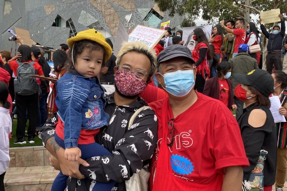 Ye Yint Aung with his father and sister at a recent protest in Melbourne against the Myanmar coup.