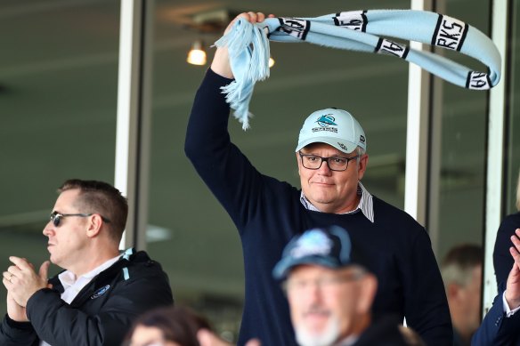 Scott Morrison at a Sharks game in 2020 at Netstrata Jubilee Stadium.