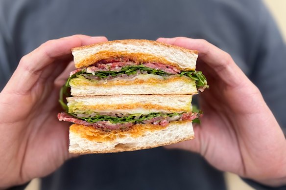 ’Nduja, sopressa, honey and pickled fennel sandwich.