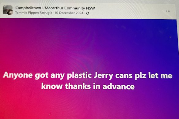 Farrugia allegedly posted on the Facebook pages of multiple local community groups looking for plastic jerry cans.