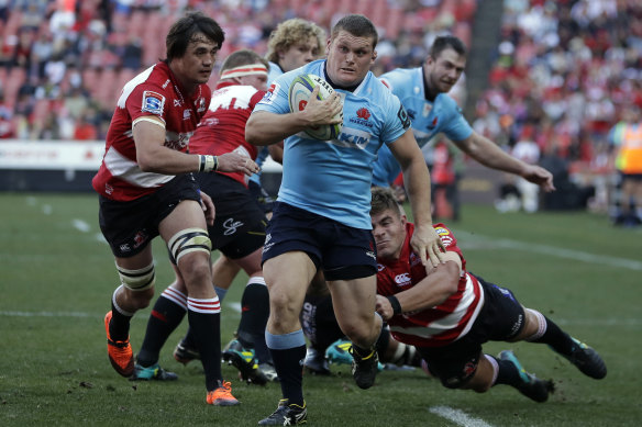 Tom Robertson scored a try in the Waratahs’ Super Rugby semi-final loss to the Lions at Ellis Park in 2018. 