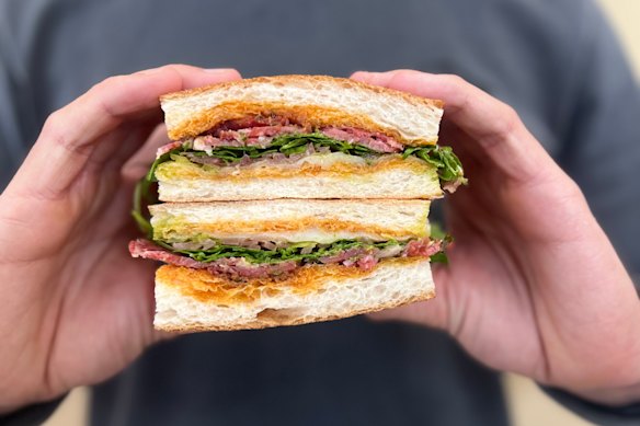 ’Nduja, sopressa, honey and pickled fennel sandwich. 