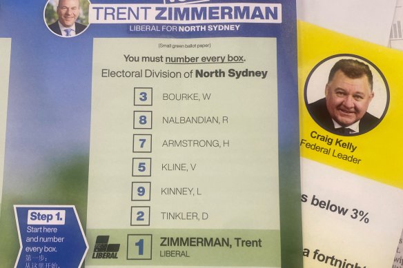 Unlike other Liberals nearby, North Sydney MP Trent Zimmerman has placed the United Australia Party low on his how-to-vote card.