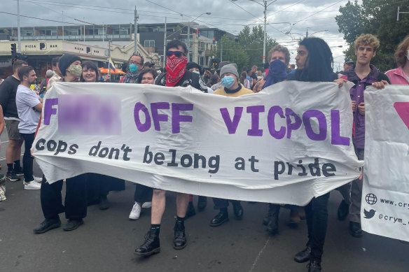 Protest group CRYM marched in front of police chanting anti-police slogans at Midsumma in St Kilda.