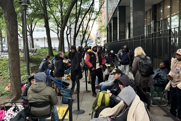 The line for Michael Cohen’s second day of testimony at Donald Trump’s hush-money trial, filled with paid line sitters in the front and the crowd swelling at the back.