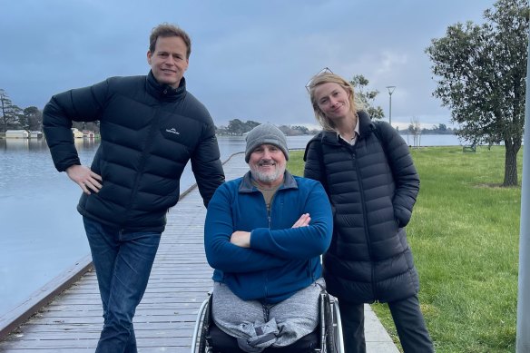 Grieve (right) in Ballarat with 60 Minutes Tom Steinfort (left) to interview military veteran Mark Urquhart, one of Al Muderis’ former patients.