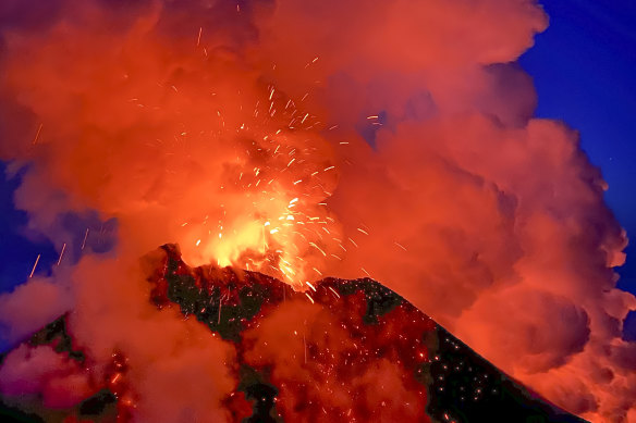 Flames and smoke billowing during the Klyuchevskaya volcano’s eruption on the Kamchatka Peninsula in March.