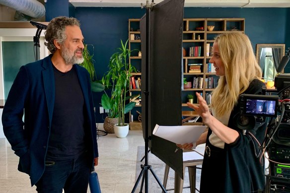 Director Katrina McGowan behind the scenes with actor and activist Mark Ruffalo during the filming of How to Poison a Planet.  