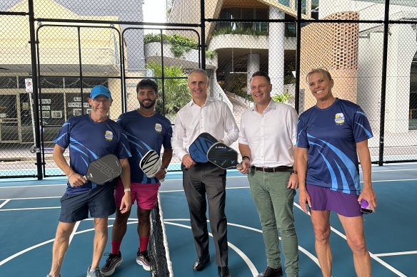 Pickleball players with Mirvac’s Simon Healy, Lord Mayor Adrian Schrinner and Cindy Hook, CEO of the Brisbane Organising Committee for the 2032 Olympic and Paralympic Games.