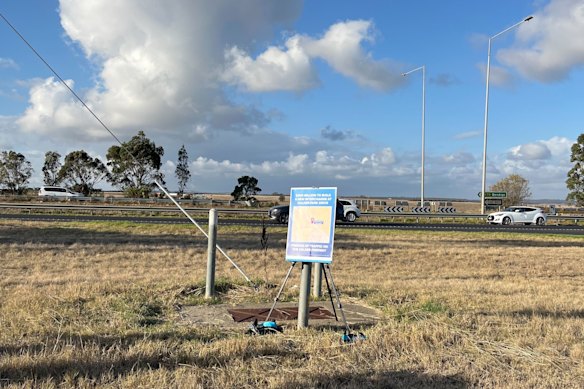 The sign that Peter Dutton’s campaign stopped to inspect as part of a highway upgrade announcement today.