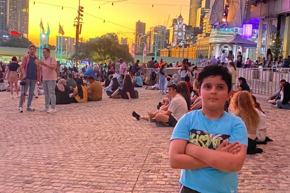Soroush Motamedi, 6, danced to the music at Federation Square before the fireworks. 