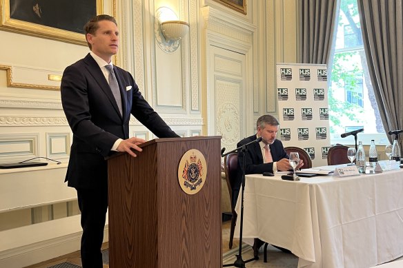 The opposition’s defence spokesman Andrew Hastie at the In and Out Naval Club, St James, London speaking at a conference for the Henry Jackson Society.