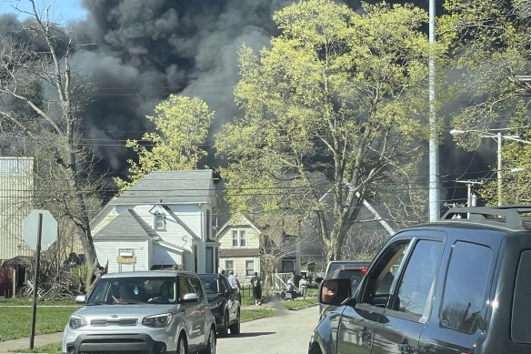 Smoke rising from a former factory site in Richmond, Indiana, on Tuesday.