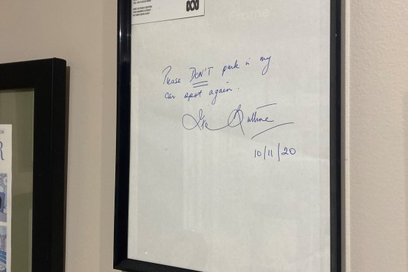 The framed letter from ABC chair Ita Buttrose to Leigh Sales asking her not to park in her car space, now sits above Sales’ desk.