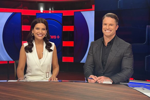 Amelia Brace and Denham Hitchcock at the 10 News+ desk at Ten’s studios in Pyrmont. 